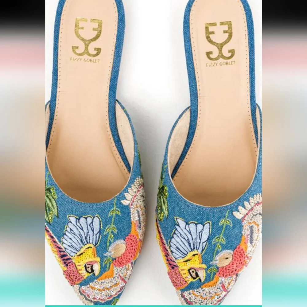 Fizzy Mules Blue w/ Bird Embroidered Mules Size EU38 (Runs Small Wears Like a 37 - Picture 3 of 5